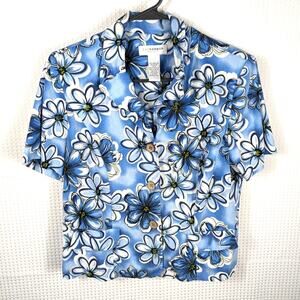 Sag Harbor 12P Blue Floral Linen Rayon Button Shirt Top Women Vintage Y2K